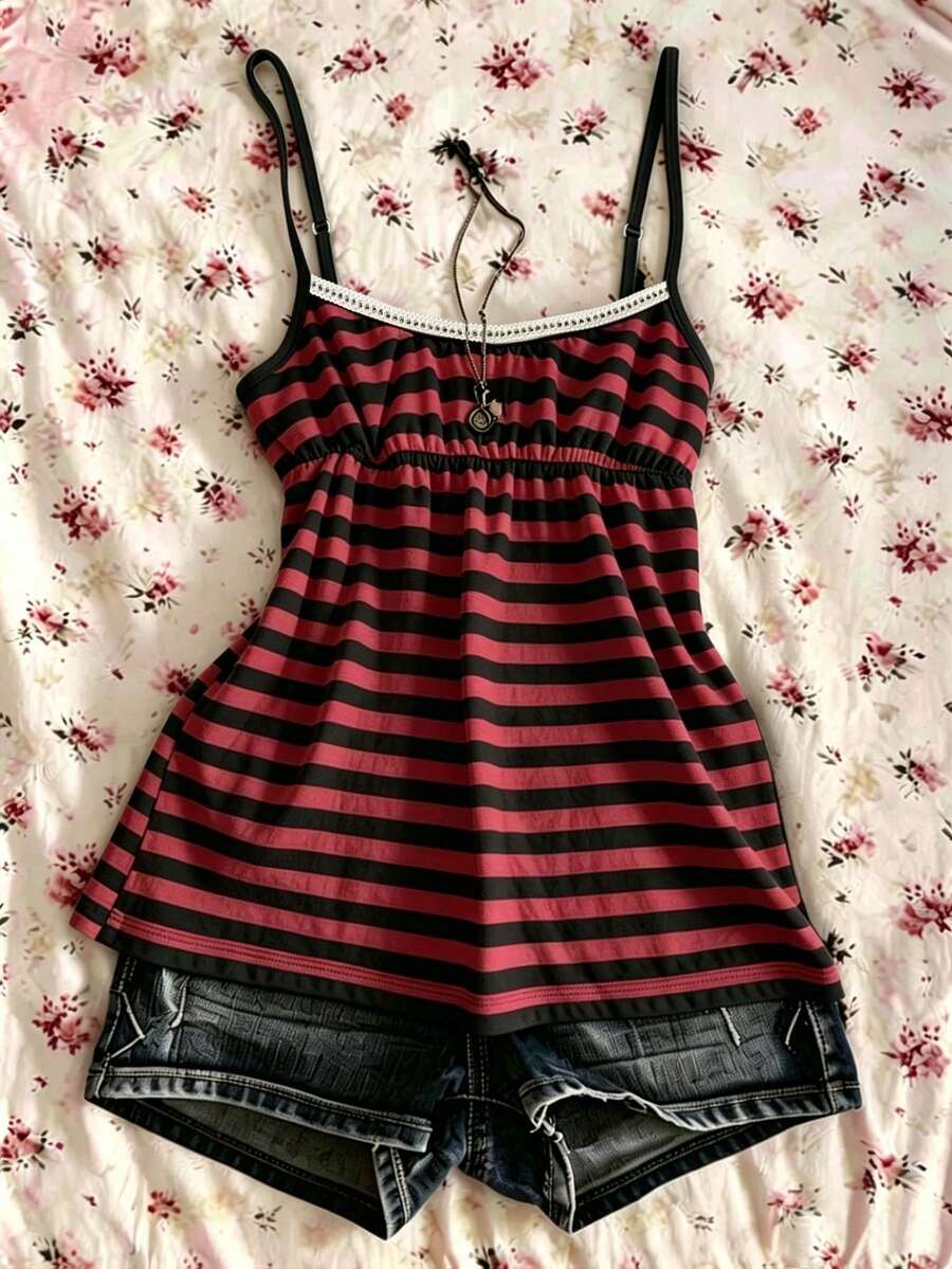 A women's black striped camisole top featuring spaghetti straps, a backless design with ring detail, and high-stretch knitted fabric.
