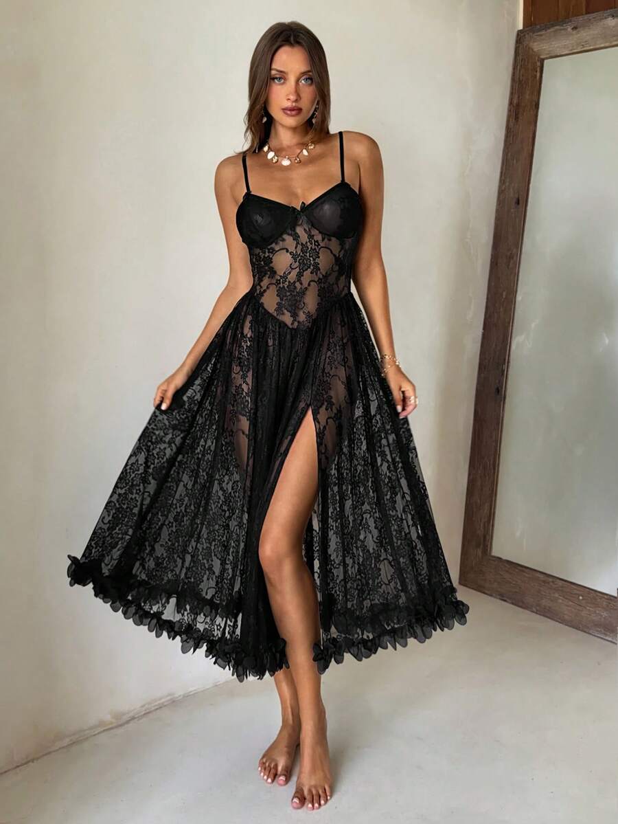 Women's semi-sheer lace midi nightgown featuring spaghetti straps and a backless hollow-out design with knot details.