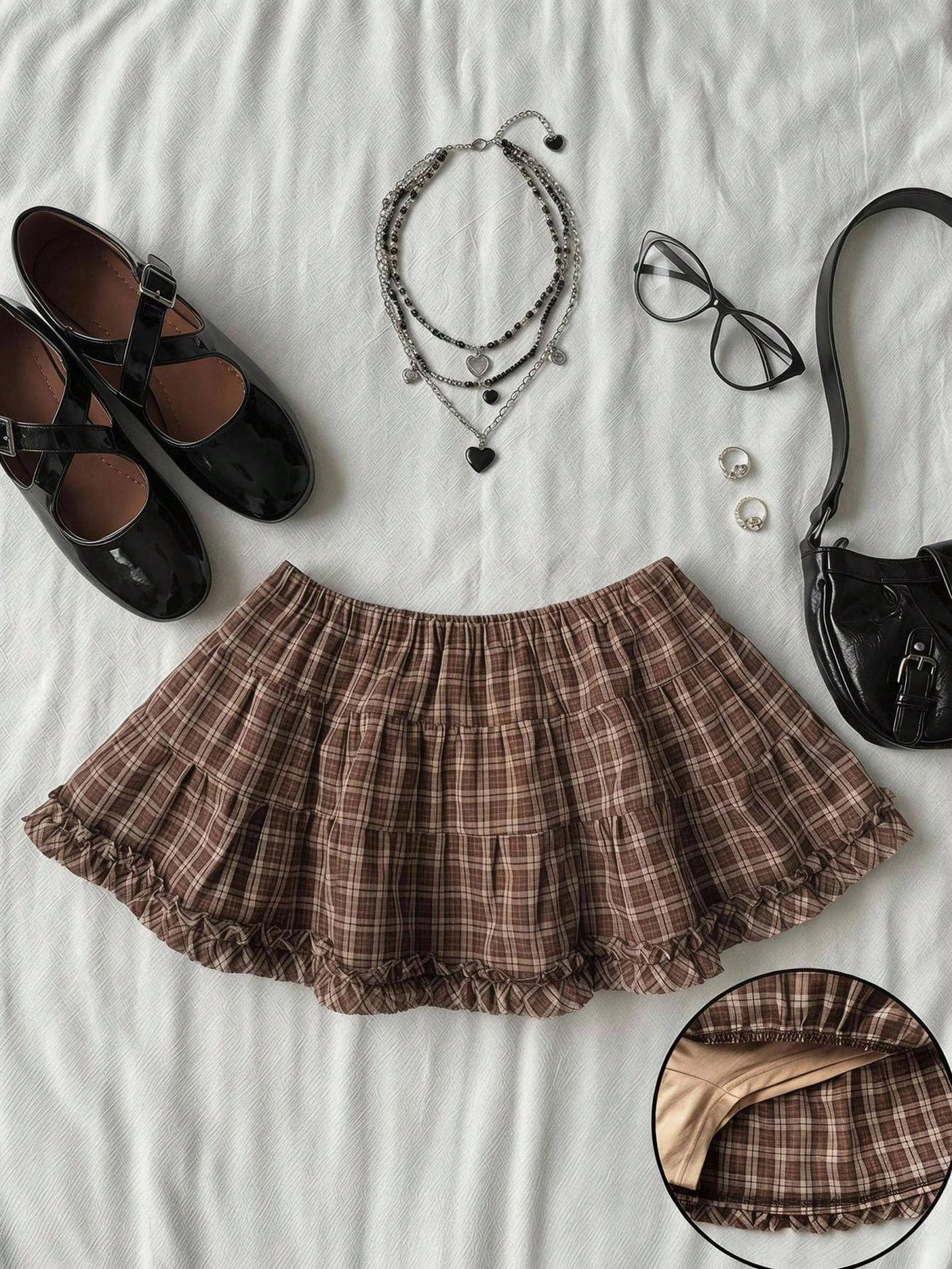 Black plain pleated frill trim low waist cotton skort for women