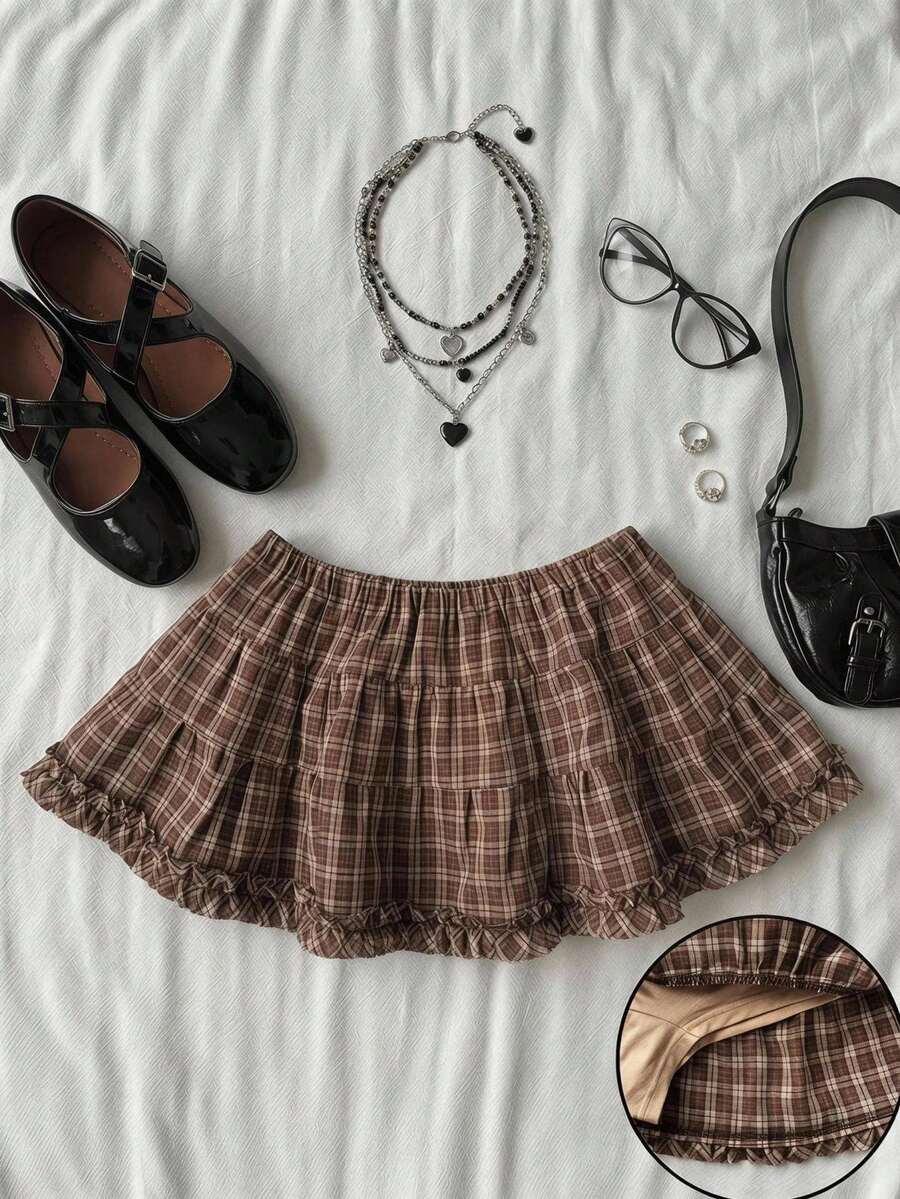 Black plain pleated frill trim low waist cotton skort for women