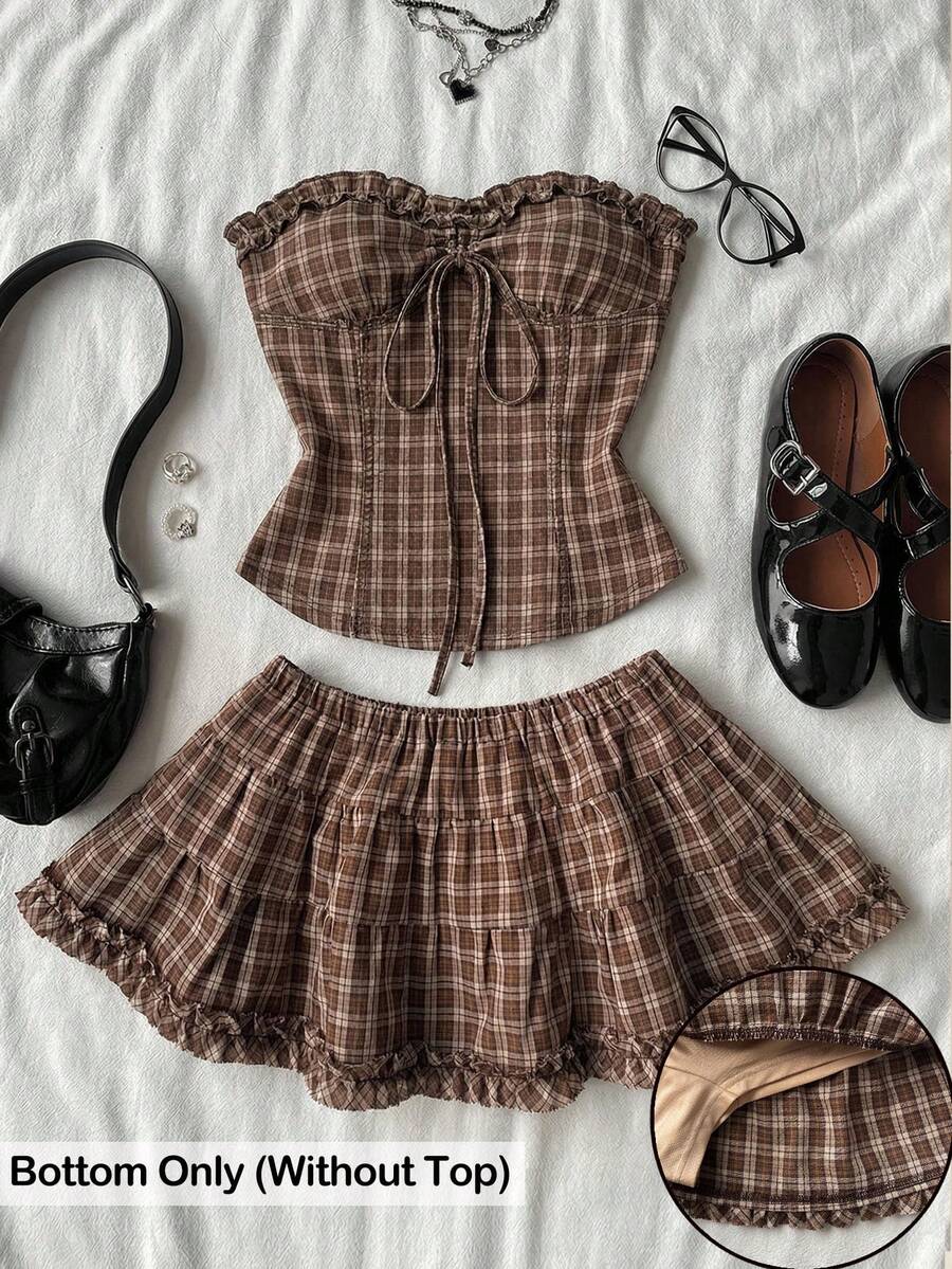 Black plain pleated frill trim low waist cotton skort for women