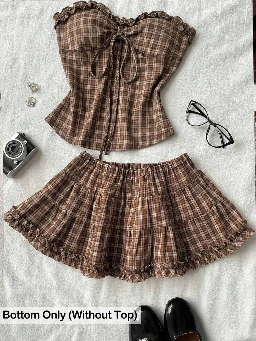 Black plain pleated frill trim low waist cotton skort for women
