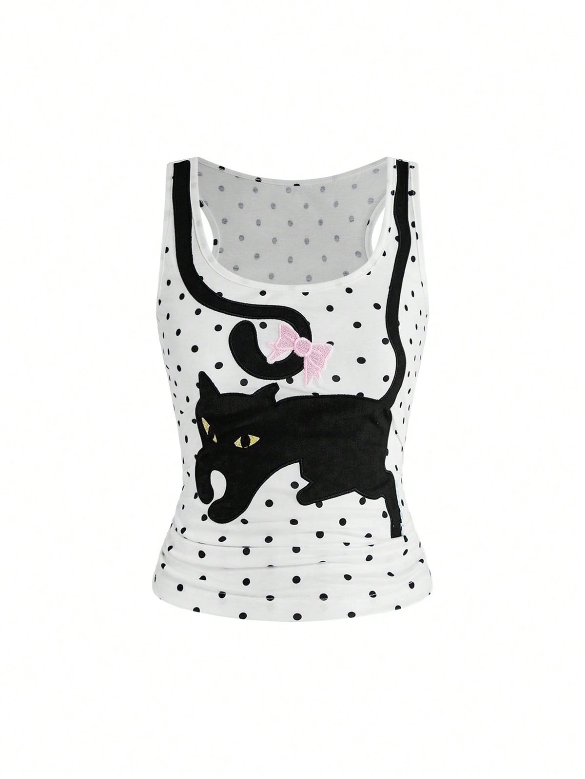 White slim fit square neck polka dot camisole top featuring cat and butterfly graphic print with studded arm sleeves.