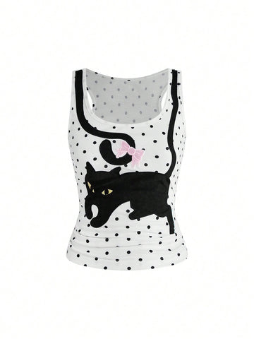 White slim fit square neck polka dot camisole top featuring cat and butterfly graphic print with studded arm sleeves.