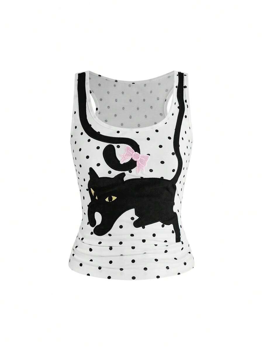 White slim fit square neck polka dot camisole top featuring cat and butterfly graphic print with studded arm sleeves.