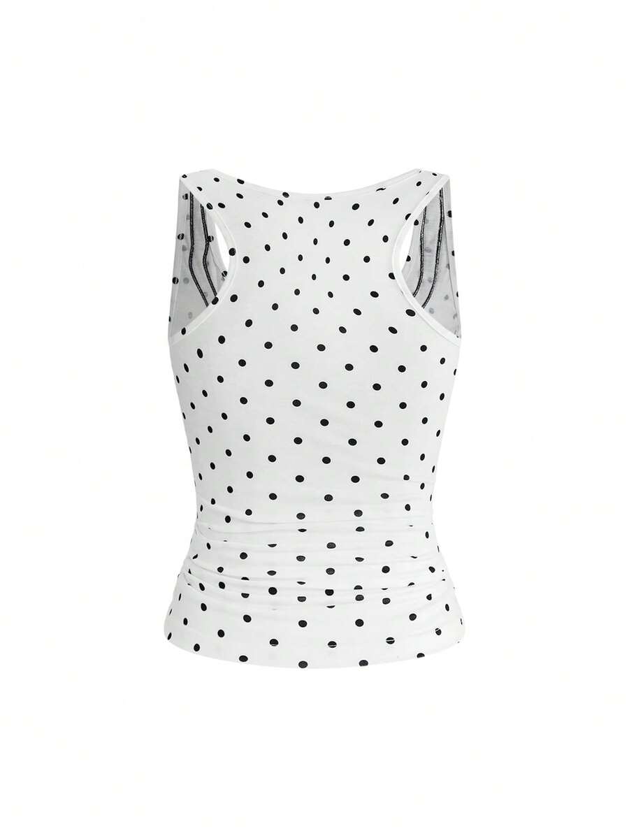 White slim fit square neck polka dot camisole top featuring cat and butterfly graphic print with studded arm sleeves.