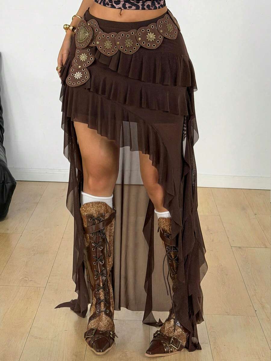 Women's low rise asymmetrical long skirt with tiered ruffle details in stretch knitted fabric.