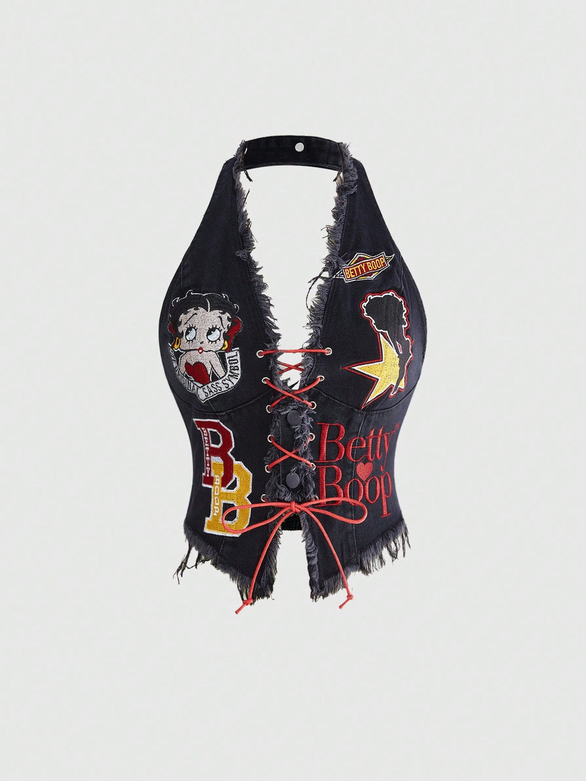 Black sleeveless denim halter top featuring a colorblock lace-up design and an asymmetrical hemline.