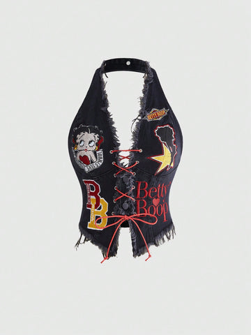 Black sleeveless denim halter top featuring a colorblock lace-up design and an asymmetrical hemline.