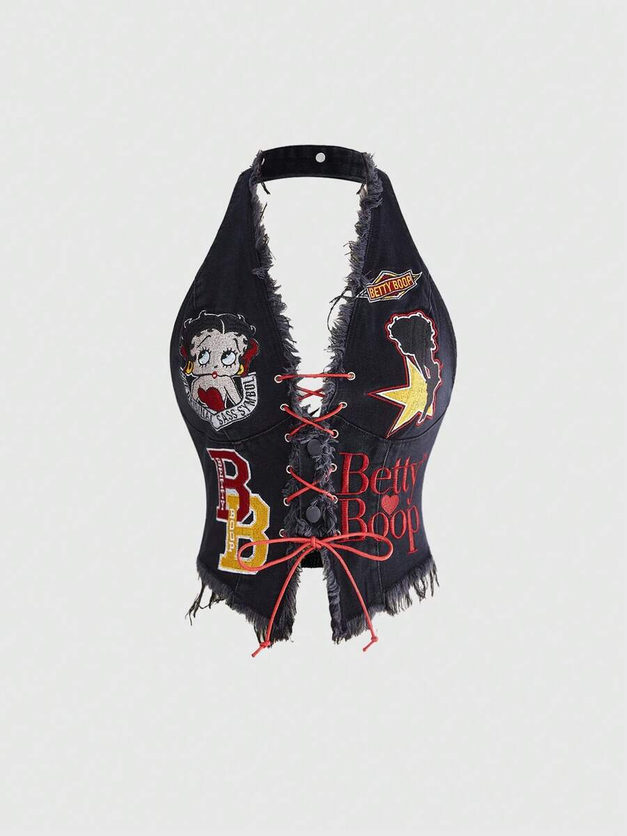 Black sleeveless denim halter top featuring a colorblock lace-up design and an asymmetrical hemline.