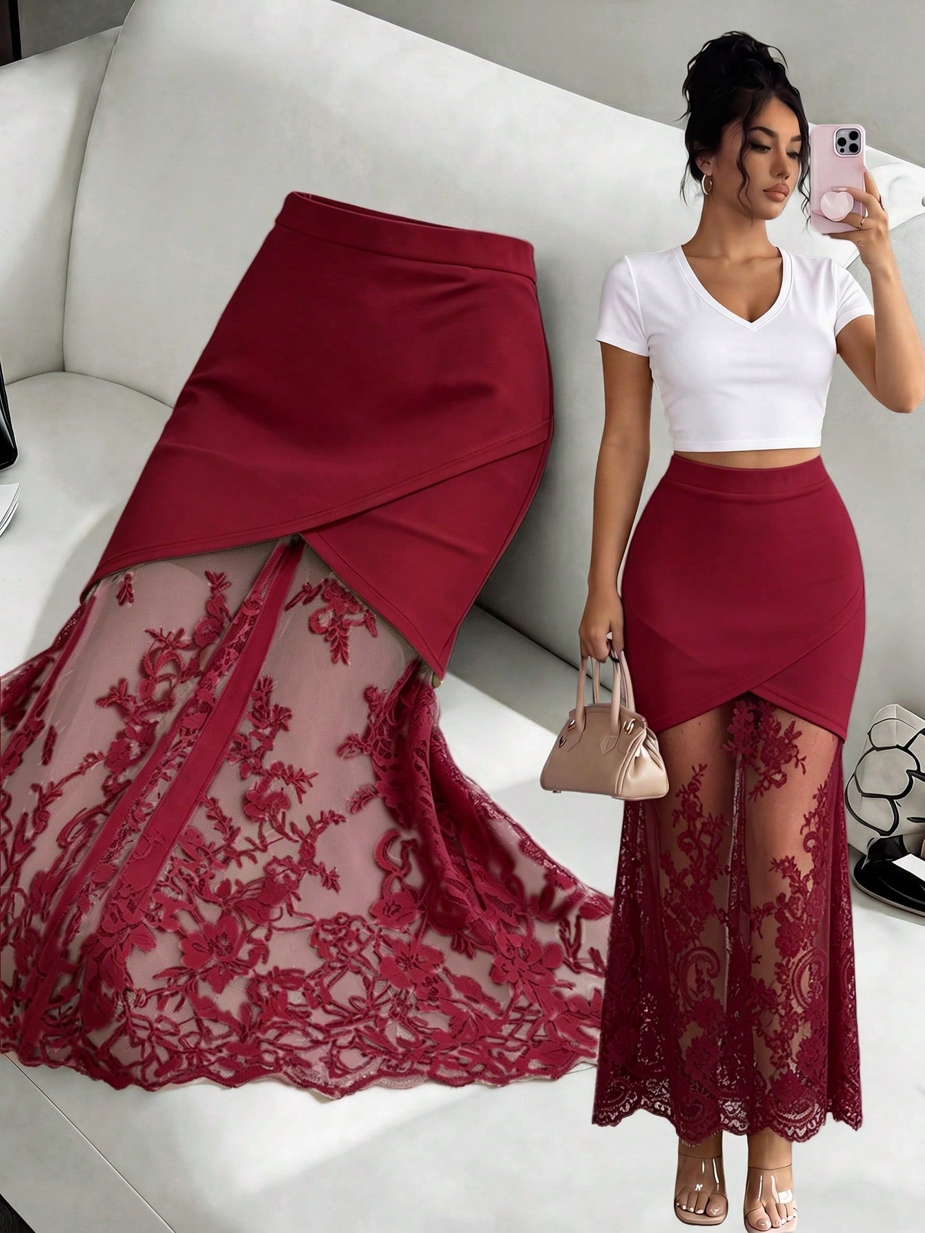 women's elegant black lace patchwork mermaid skirt with high waist and asymmetrical details