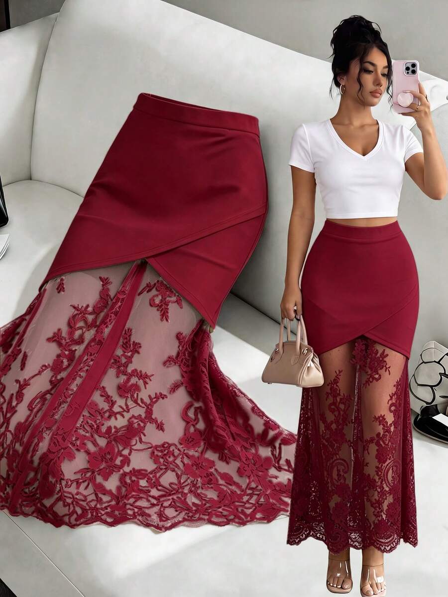 women's elegant black lace patchwork mermaid skirt with high waist and asymmetrical details