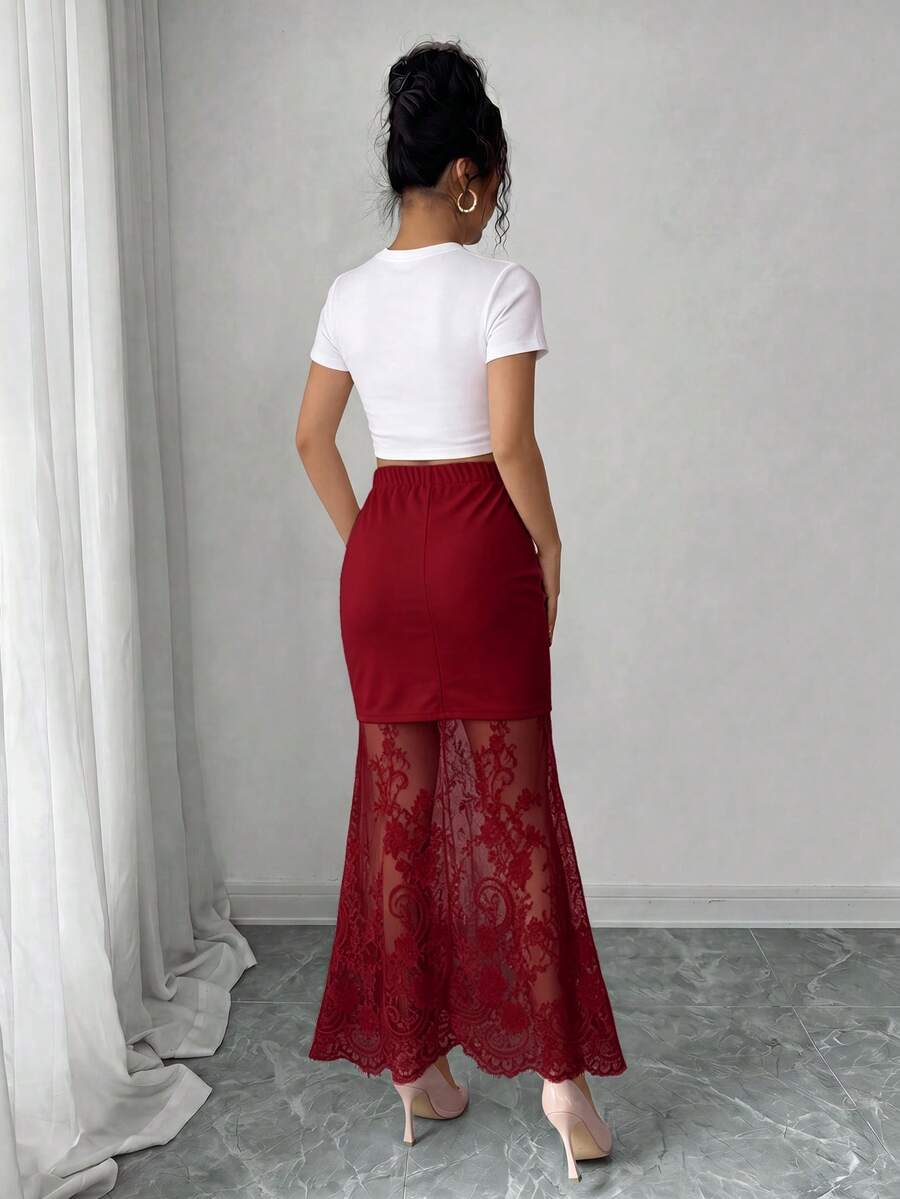 women's elegant black lace patchwork mermaid skirt with high waist and asymmetrical details