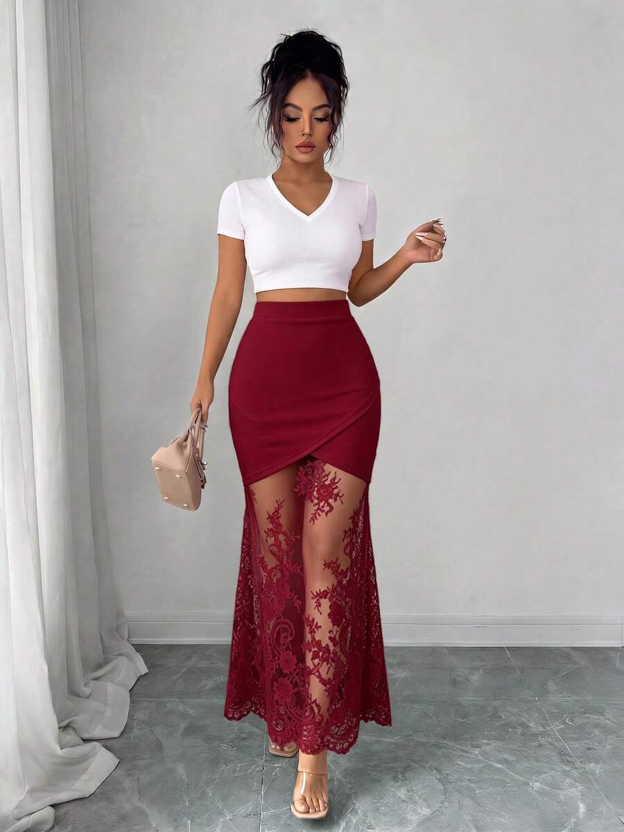 women's elegant black lace patchwork mermaid skirt with high waist and asymmetrical details