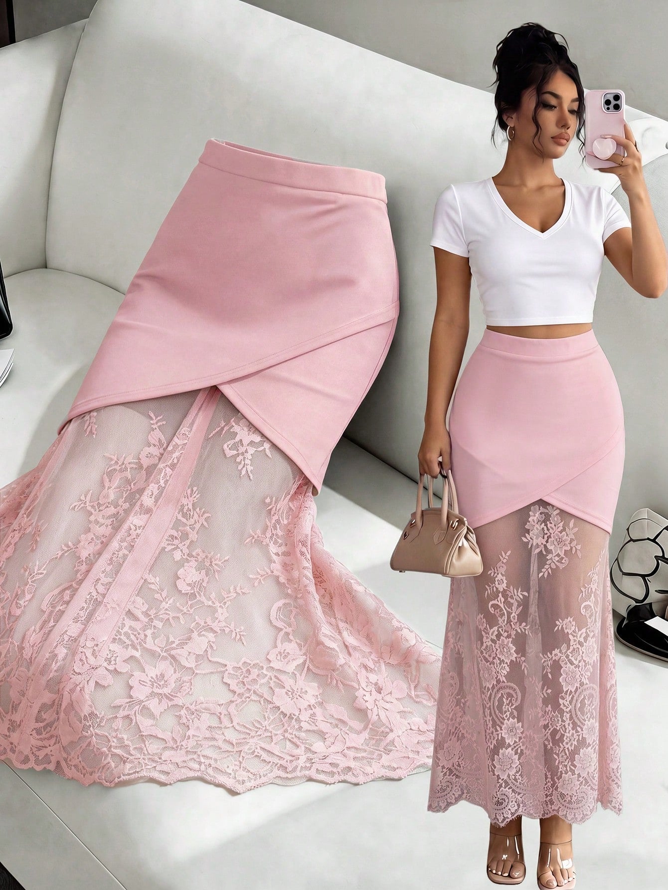 women's elegant black lace patchwork mermaid skirt with high waist and asymmetrical details