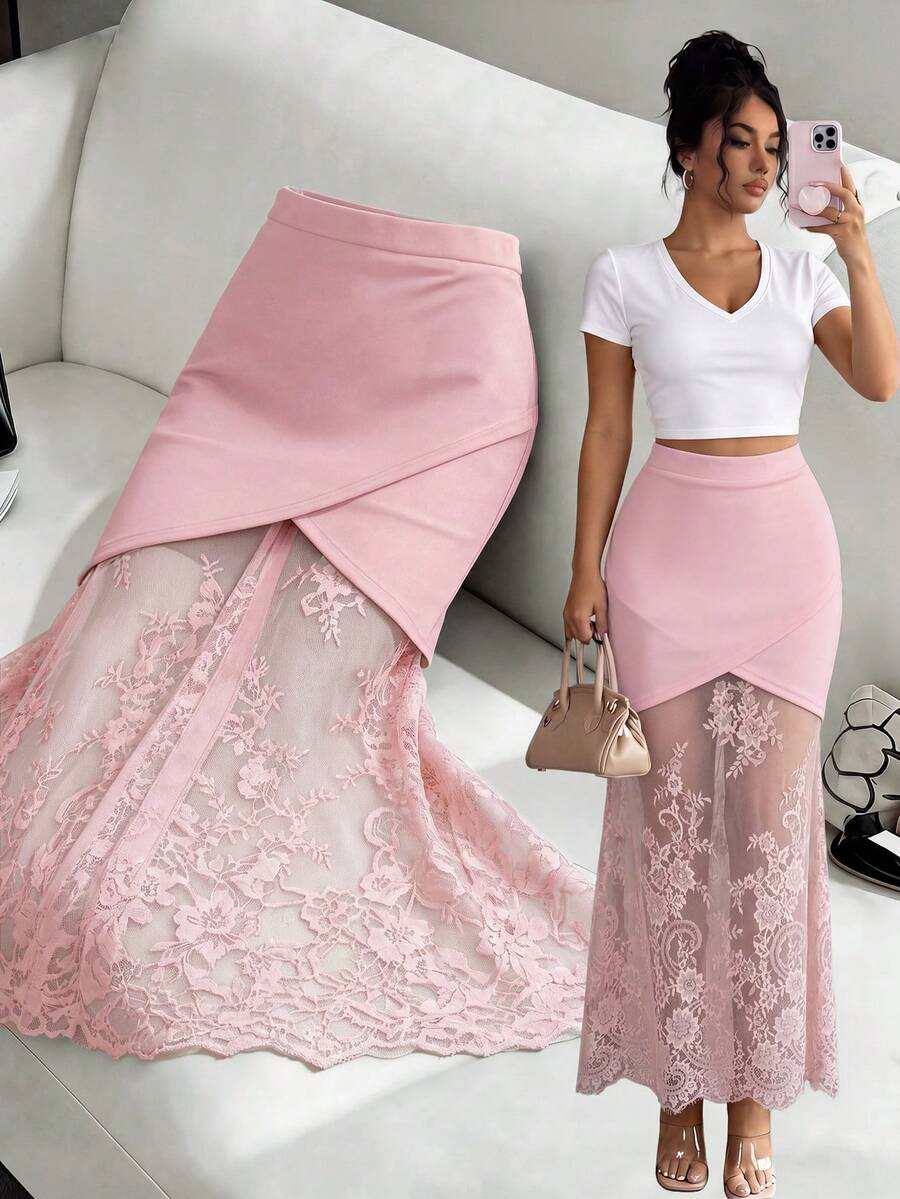 women's elegant black lace patchwork mermaid skirt with high waist and asymmetrical details