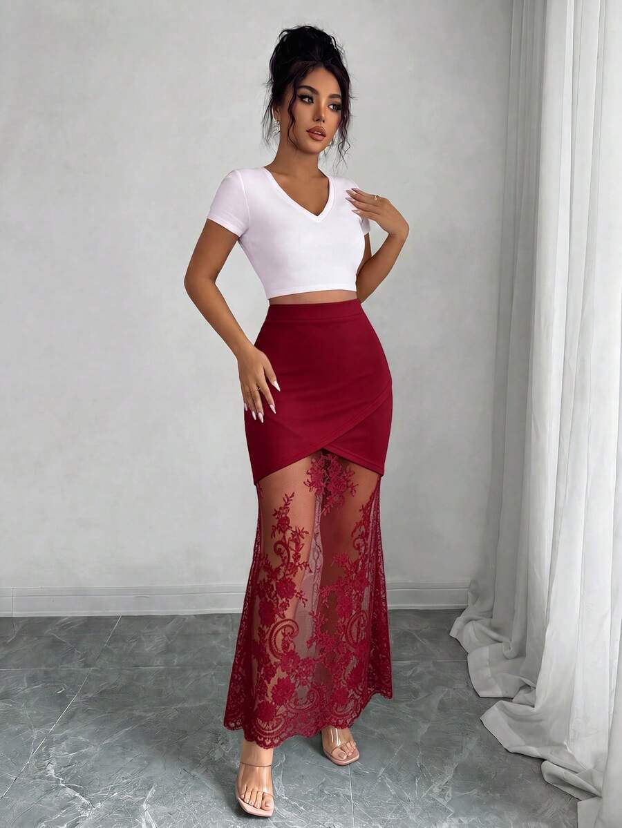 women's elegant black lace patchwork mermaid skirt with high waist and asymmetrical details
