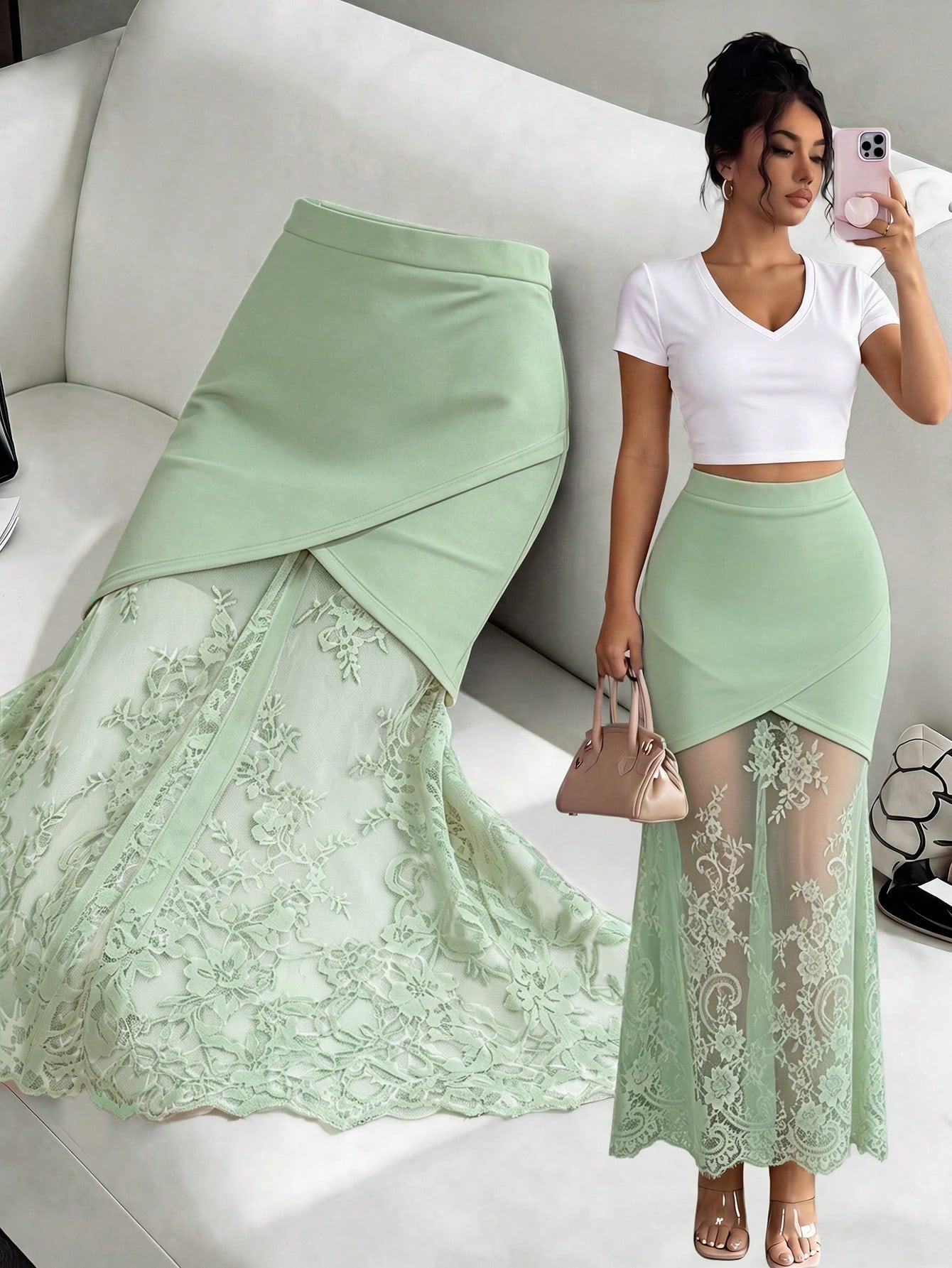 women's elegant black lace patchwork mermaid skirt with high waist and asymmetrical details