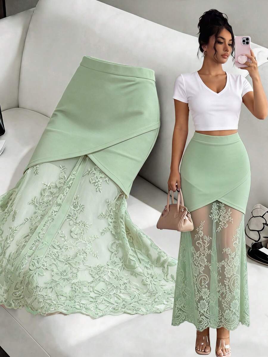 women's elegant black lace patchwork mermaid skirt with high waist and asymmetrical details