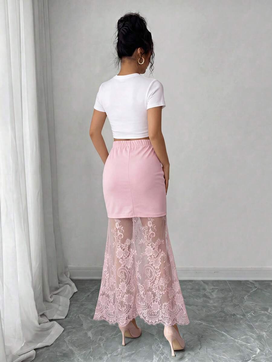 women's elegant black lace patchwork mermaid skirt with high waist and asymmetrical details
