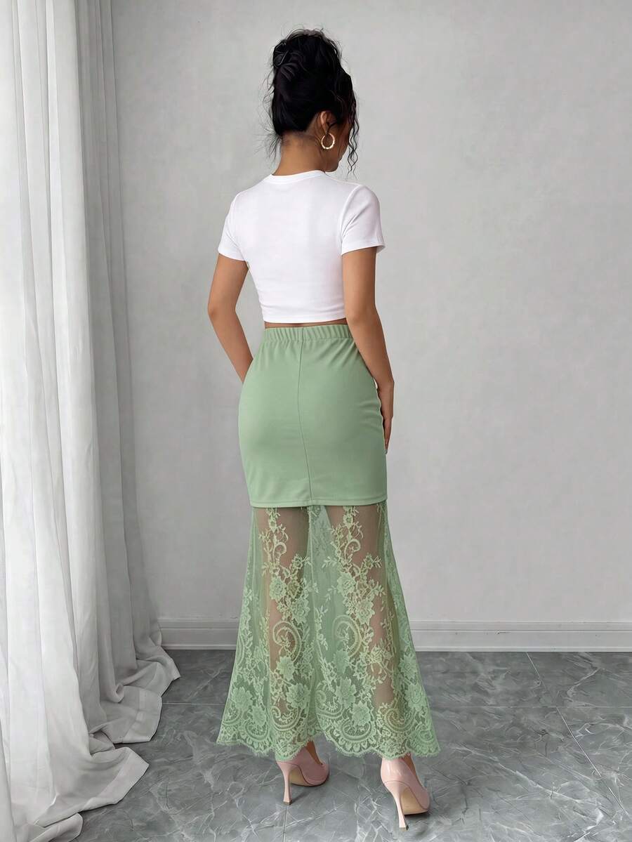 women's elegant black lace patchwork mermaid skirt with high waist and asymmetrical details