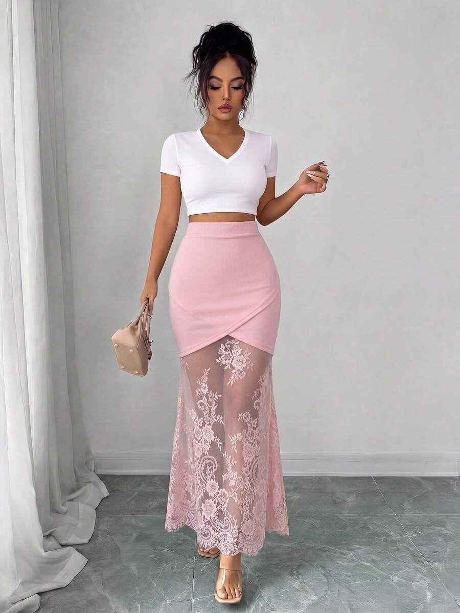 women's elegant black lace patchwork mermaid skirt with high waist and asymmetrical details