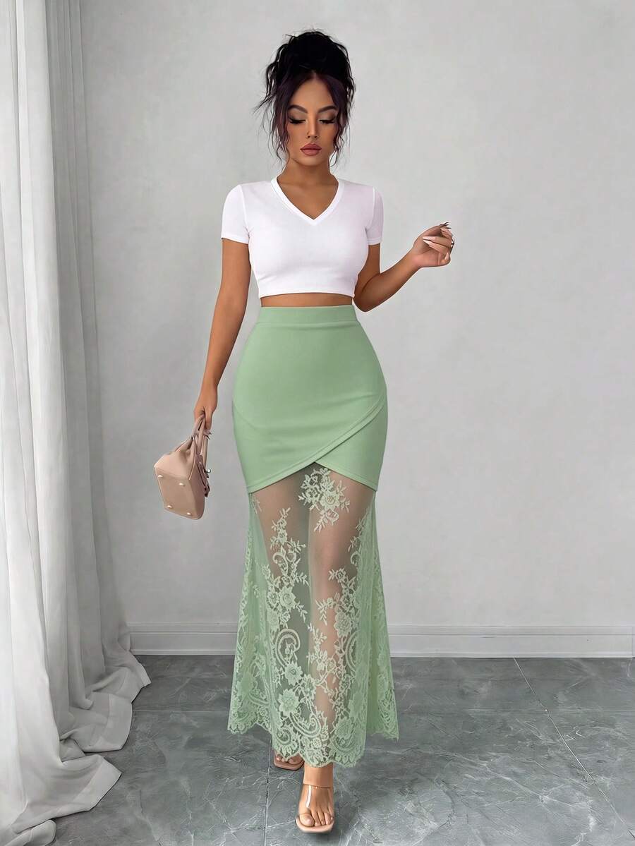 women's elegant black lace patchwork mermaid skirt with high waist and asymmetrical details