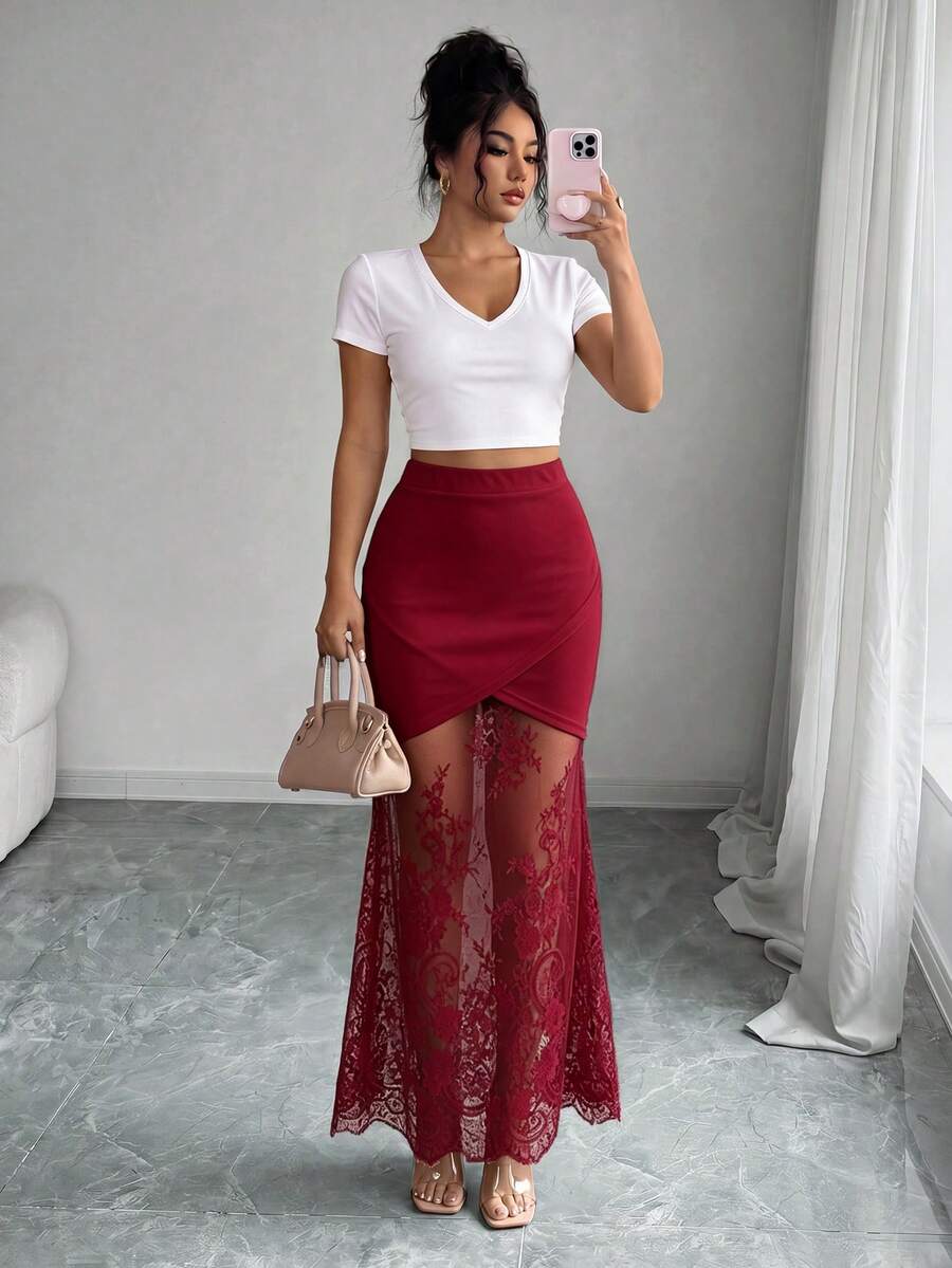 women's elegant black lace patchwork mermaid skirt with high waist and asymmetrical details