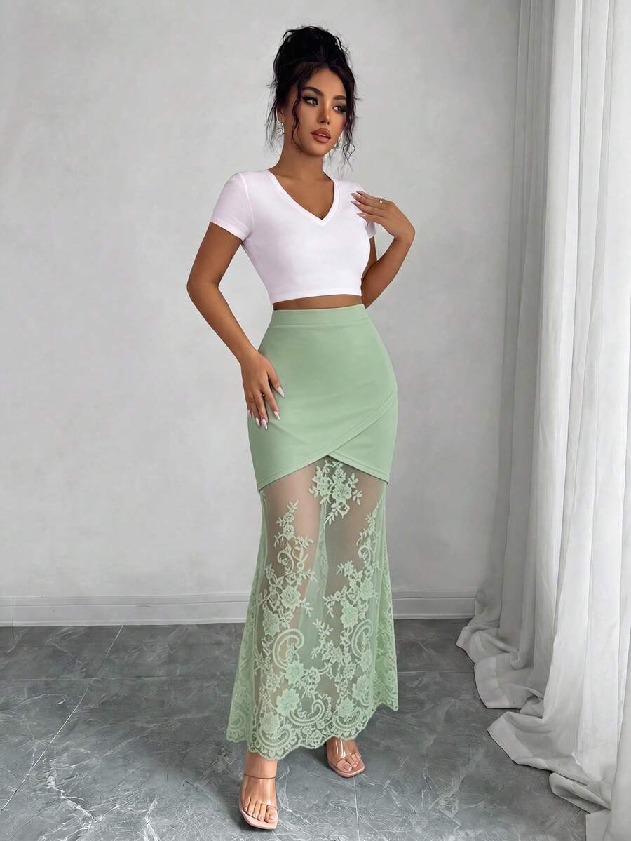 women's elegant black lace patchwork mermaid skirt with high waist and asymmetrical details