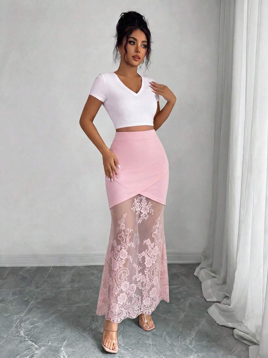 women's elegant black lace patchwork mermaid skirt with high waist and asymmetrical details