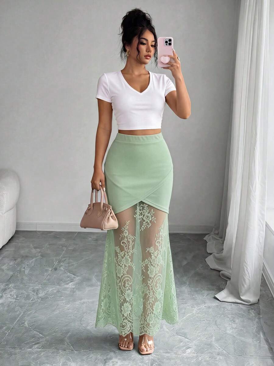 women's elegant black lace patchwork mermaid skirt with high waist and asymmetrical details