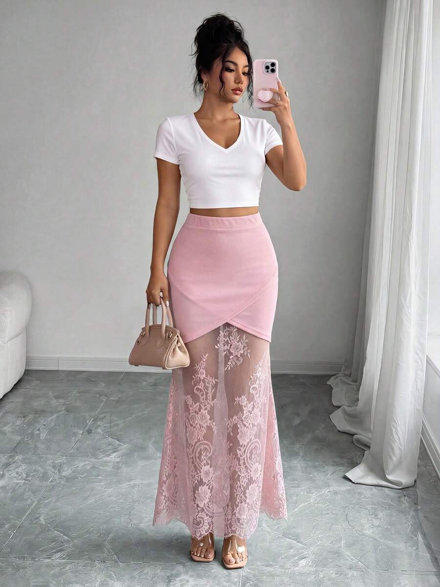 women's elegant black lace patchwork mermaid skirt with high waist and asymmetrical details