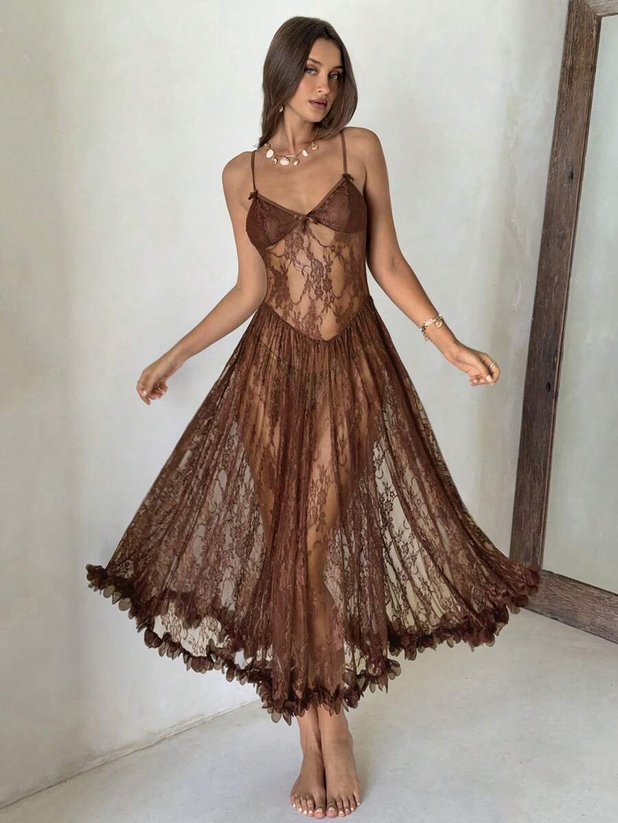 Women's semi-sheer lace midi nightgown featuring spaghetti straps and a backless hollow-out design with knot details.