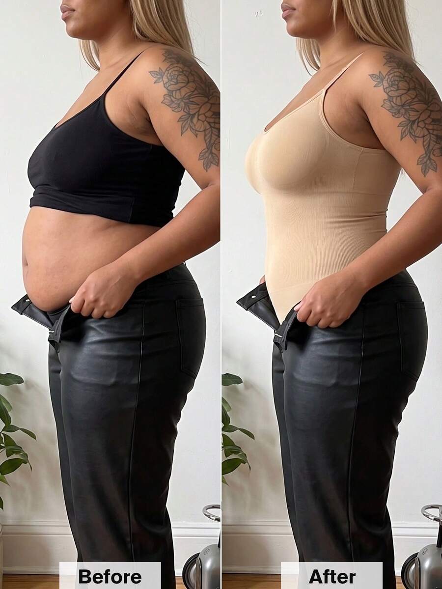 Brown seamless shapewear bodysuit featuring backless design, thong bottom, non-removable padding, and high-stretch fabric for tummy and waist control.