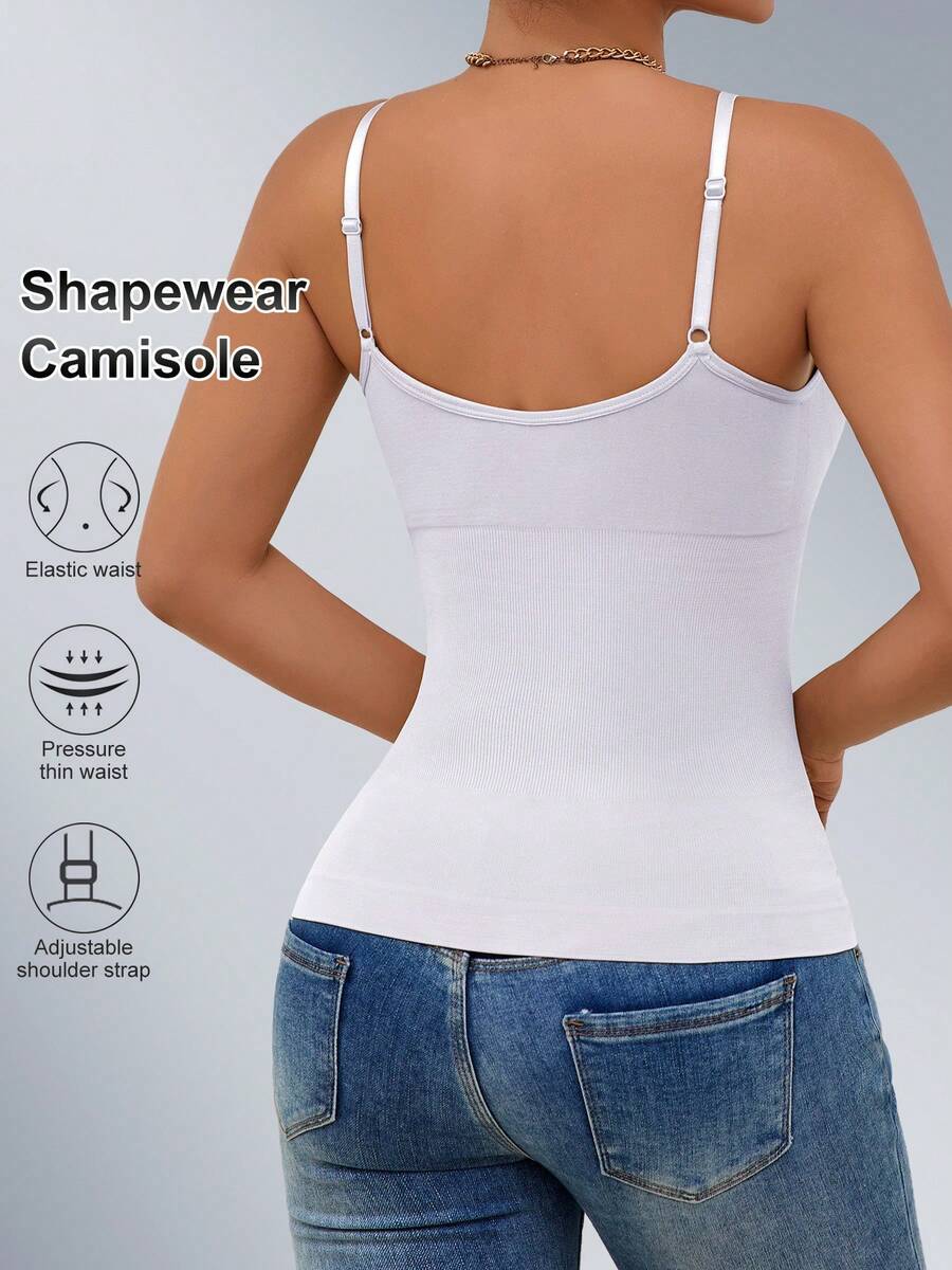 Black rib-knit slimming camisole tank top for women featuring adjustable straps and waist shaping fit.