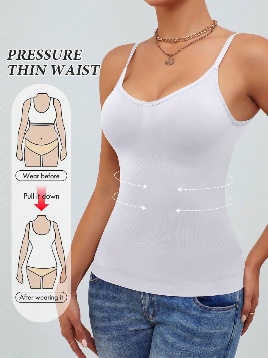 Black rib-knit slimming camisole tank top for women featuring adjustable straps and waist shaping fit.