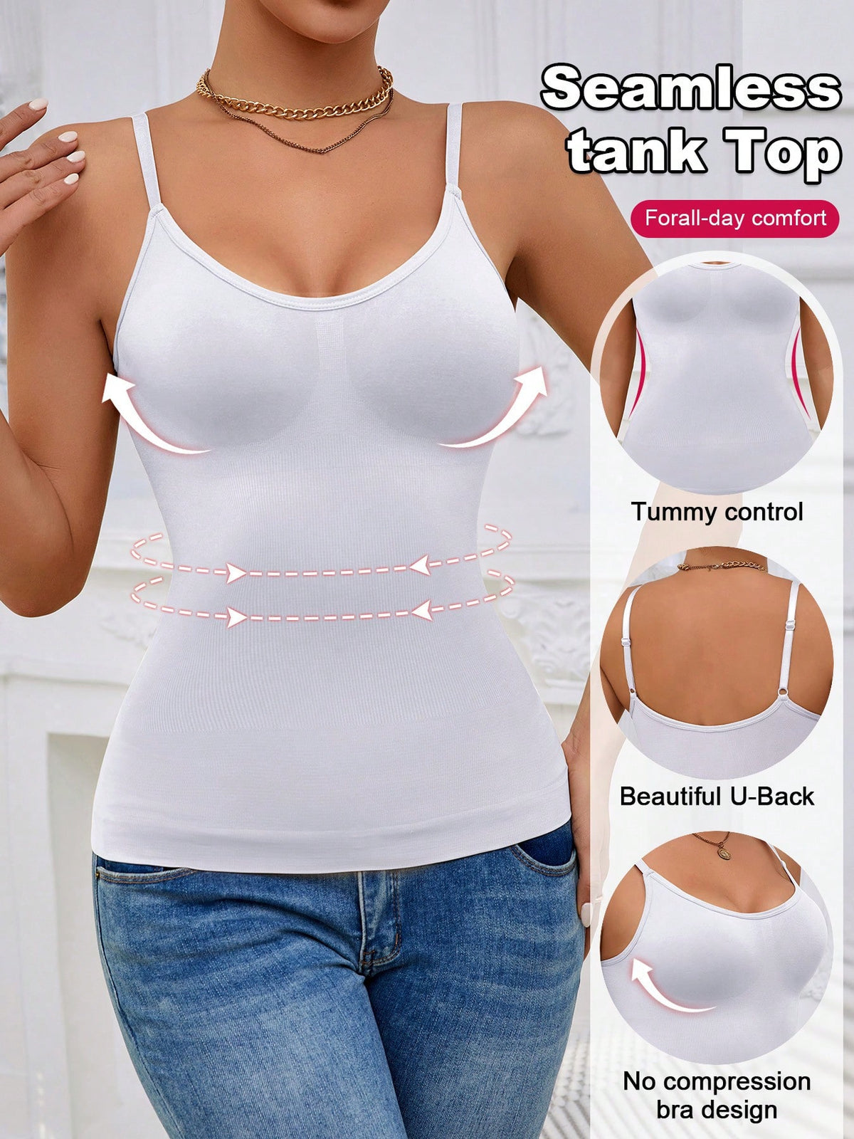 Black rib-knit slimming camisole tank top for women featuring adjustable straps and waist shaping fit.