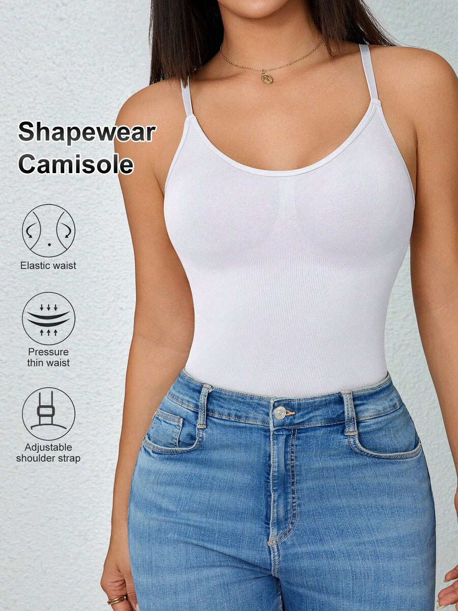 Black rib-knit slimming camisole tank top for women featuring adjustable straps and waist shaping fit.