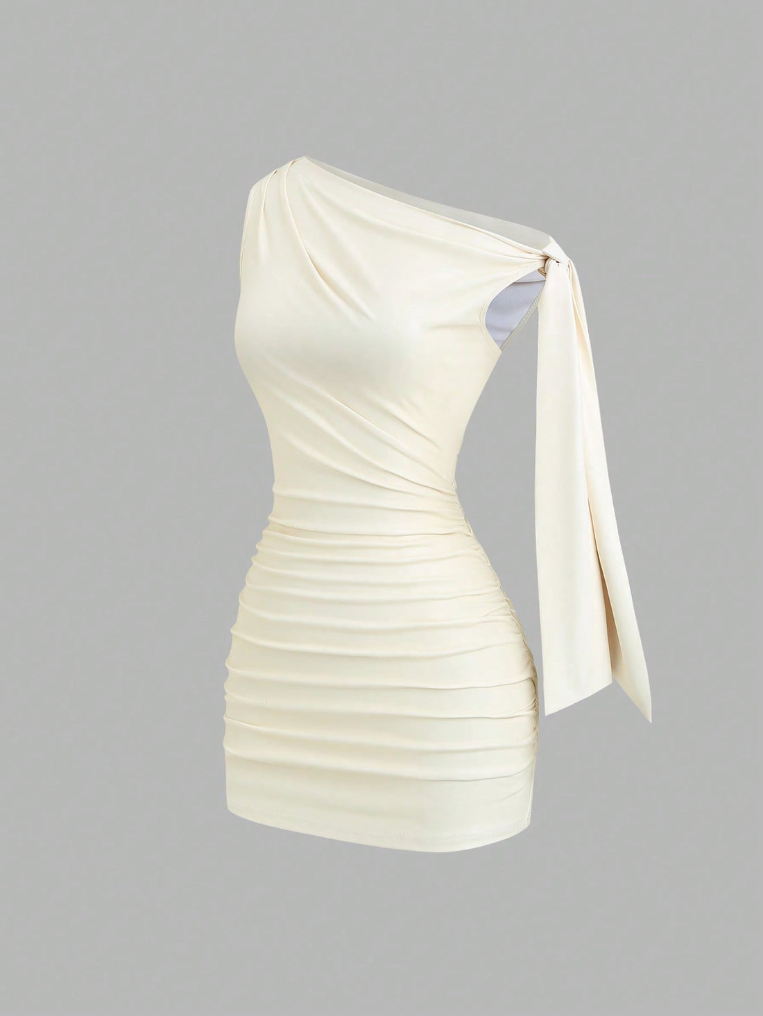 Women's sleeveless asymmetrical neck ruched bodycon mini dress in coated fabric.