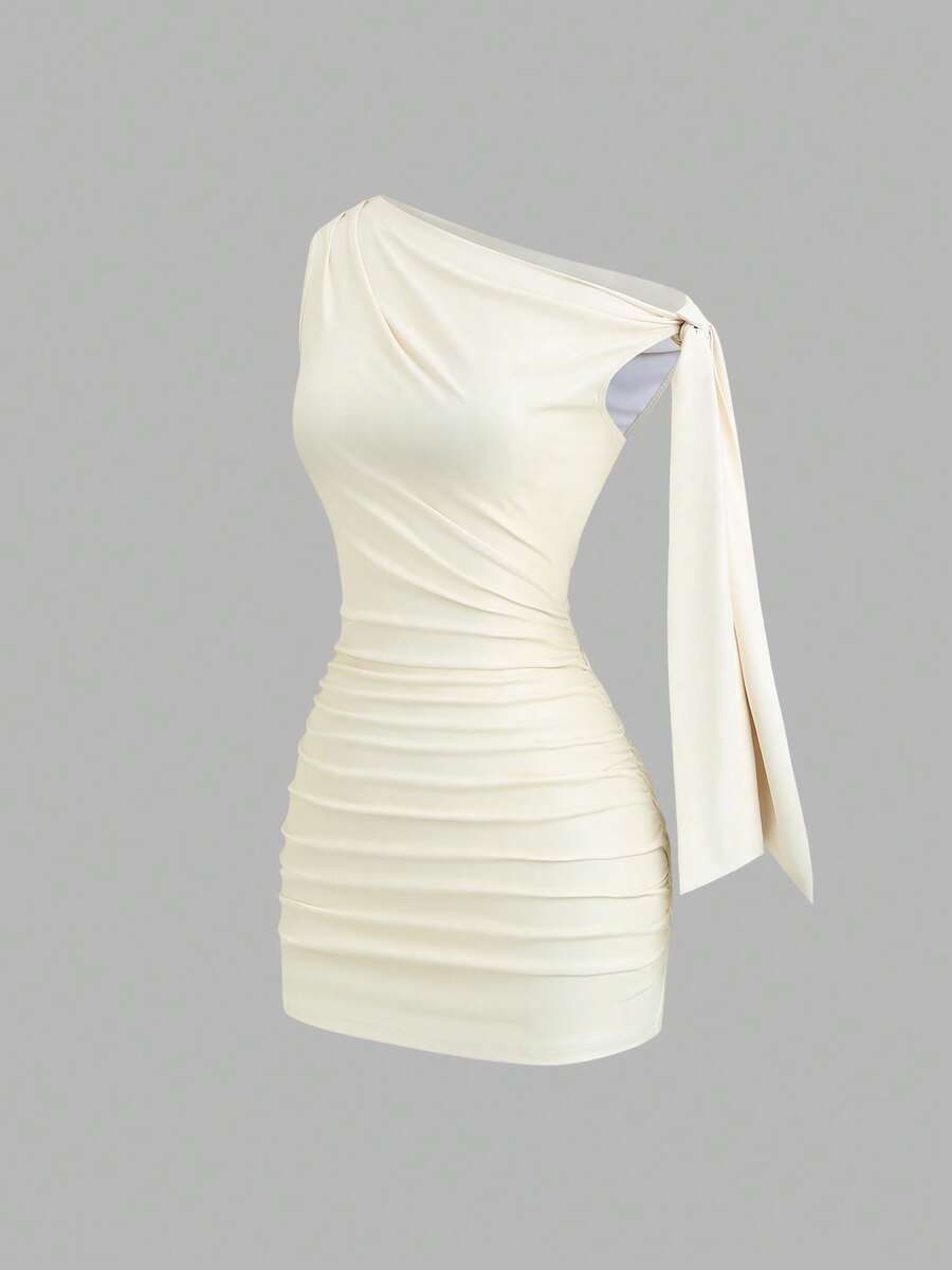 Women's sleeveless asymmetrical neck ruched bodycon mini dress in coated fabric.