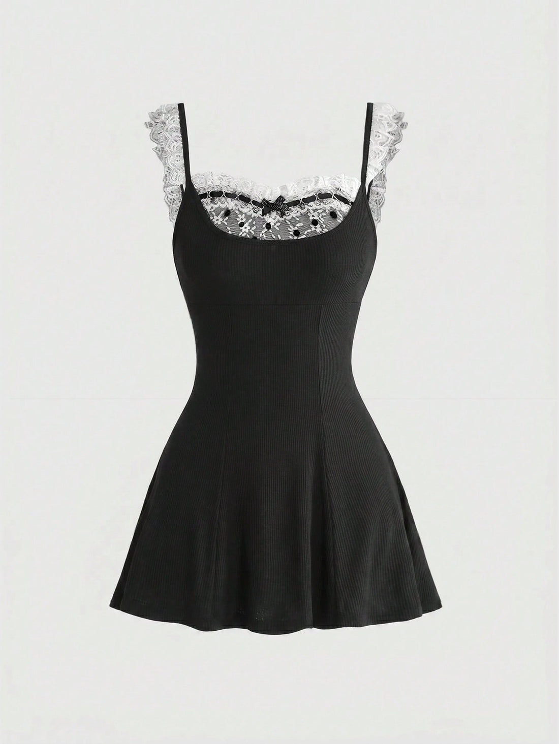 Women's sleeveless black colorblock cami mini dress with shoulder straps, frill detailing, slim fit waist, and flared hem.