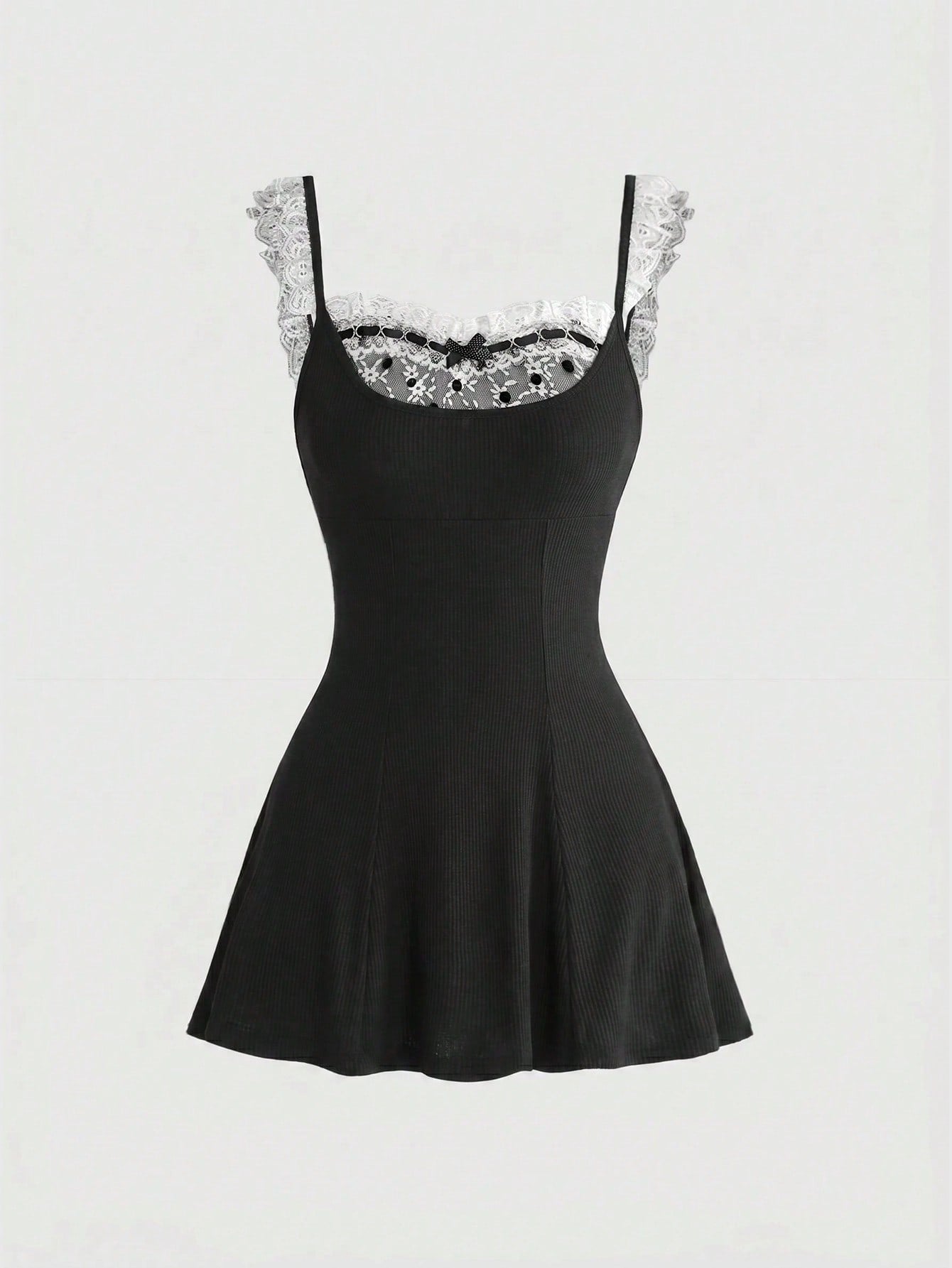 Women's sleeveless black colorblock cami mini dress with shoulder straps, frill detailing, slim fit waist, and flared hem.