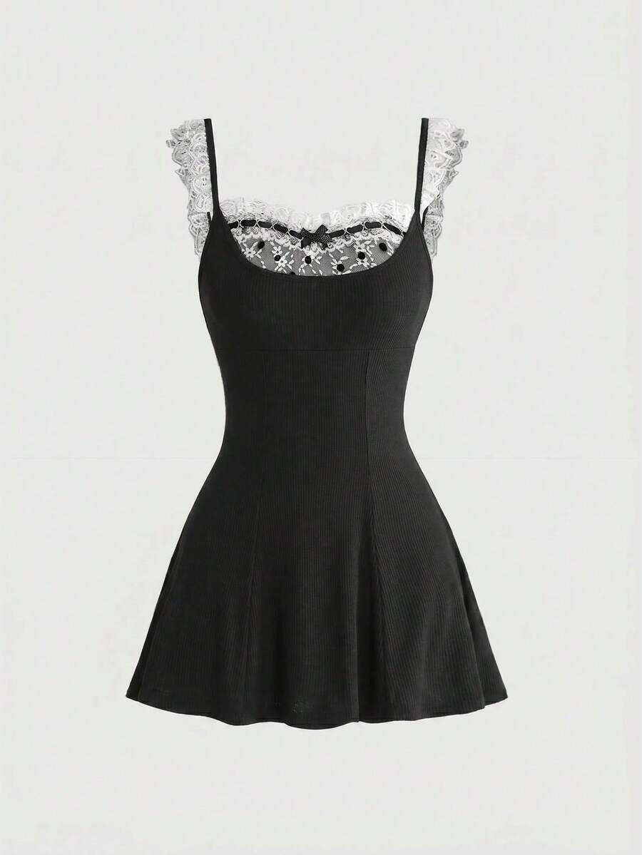 Women's sleeveless black colorblock cami mini dress with shoulder straps, frill detailing, slim fit waist, and flared hem.