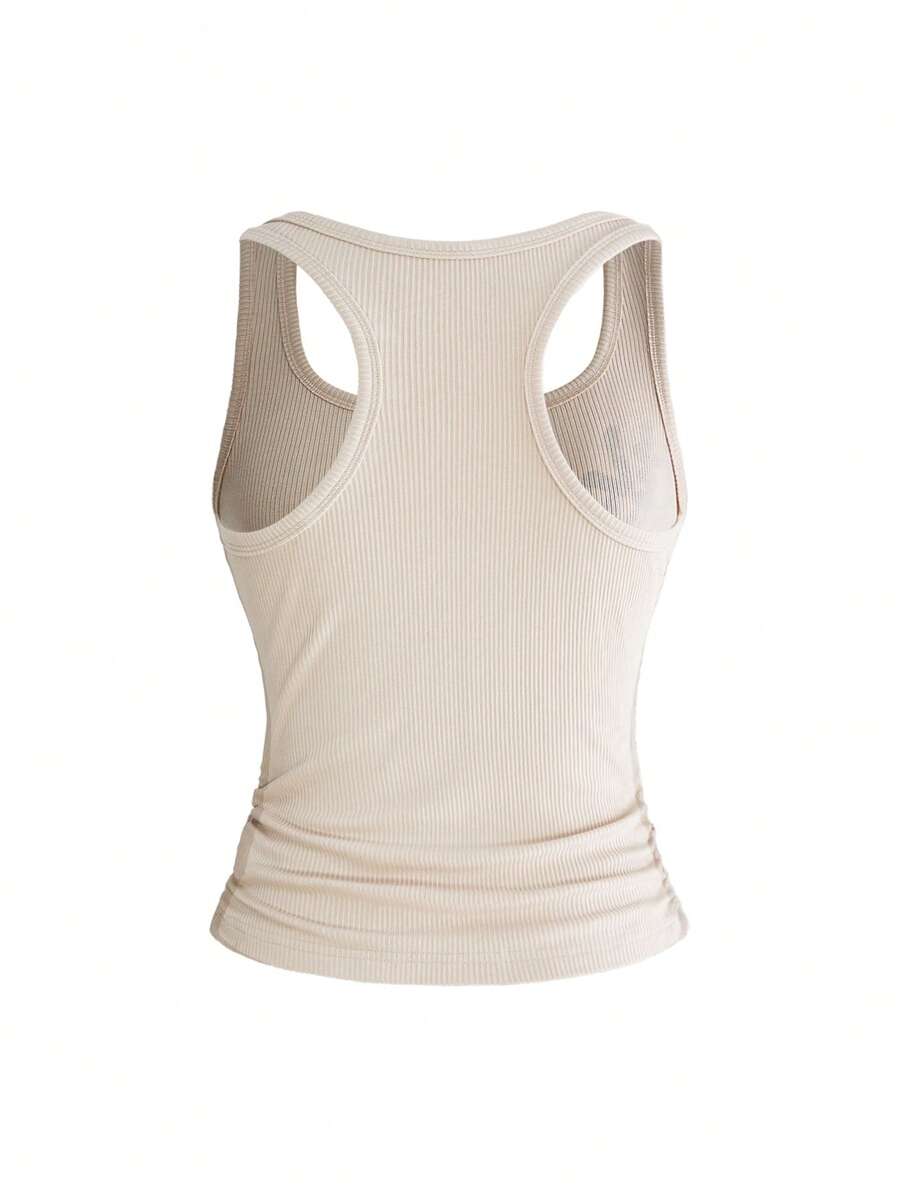 Black rib-knit scoop neck tank top featuring leopard print and graphic lettering for women.