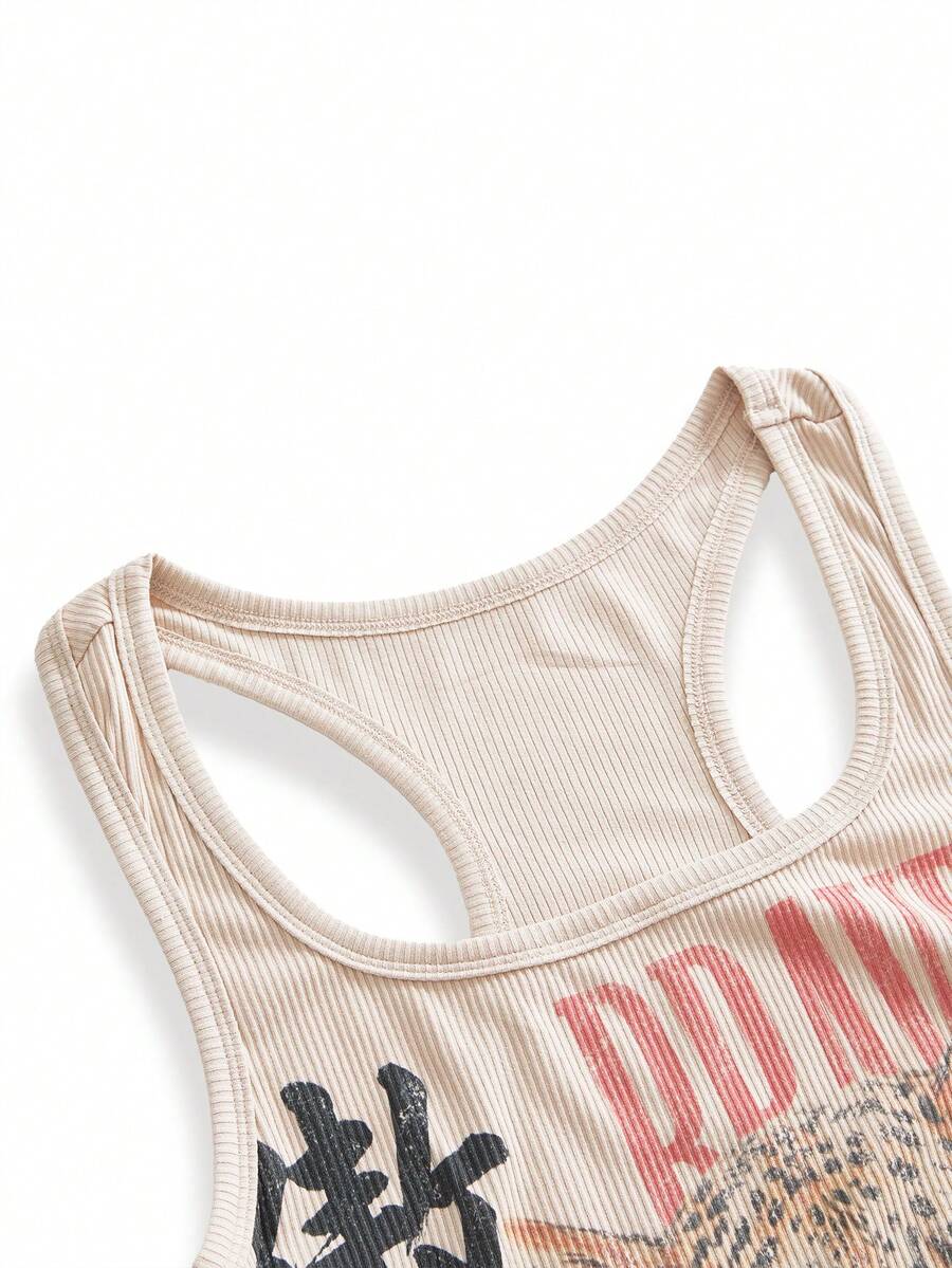 Black rib-knit scoop neck tank top featuring leopard print and graphic lettering for women.