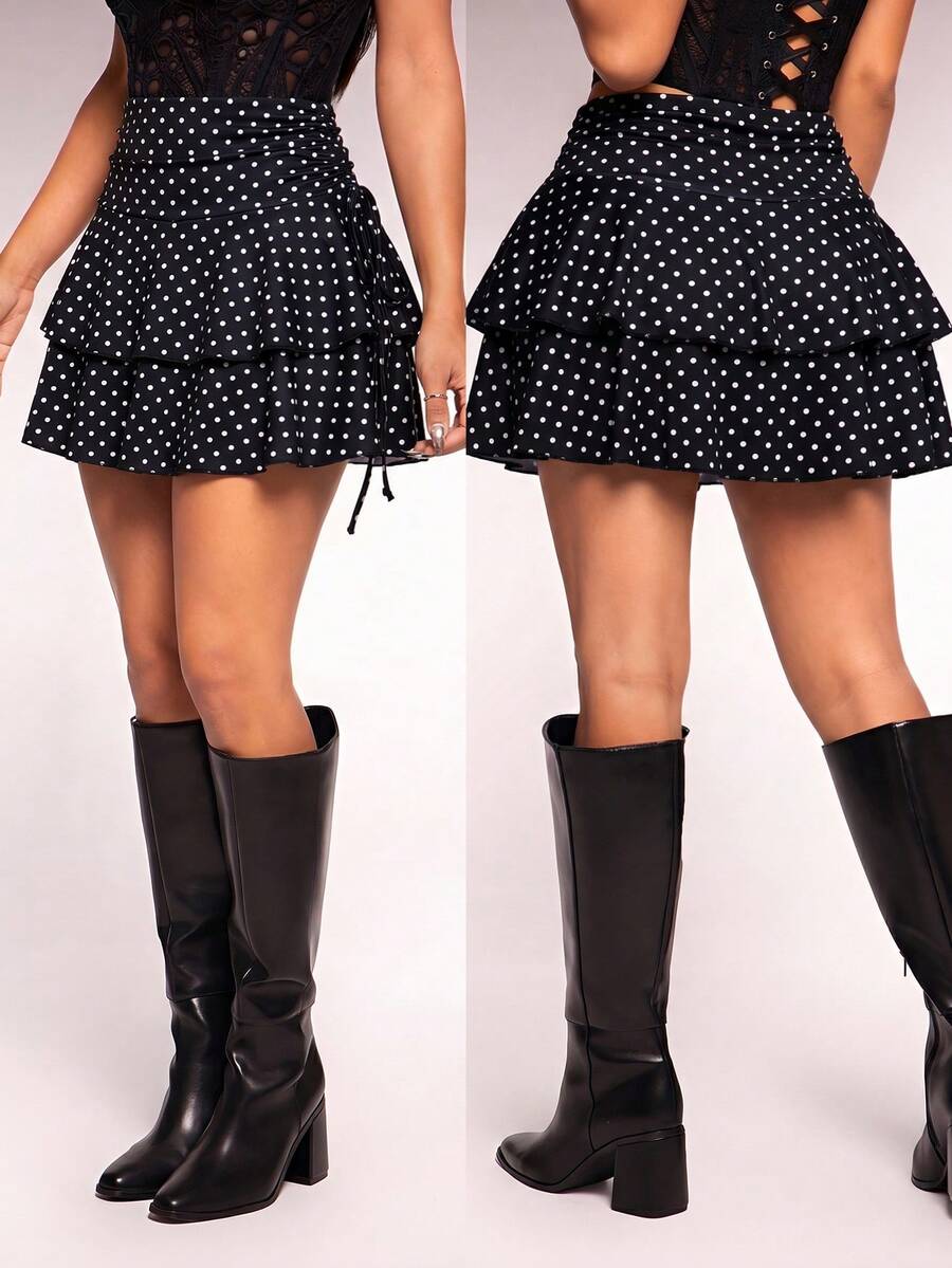 Women's black PU coated layered ruffle mini skirt featuring a high waist, tiered ruffle hem, and zipper detail.