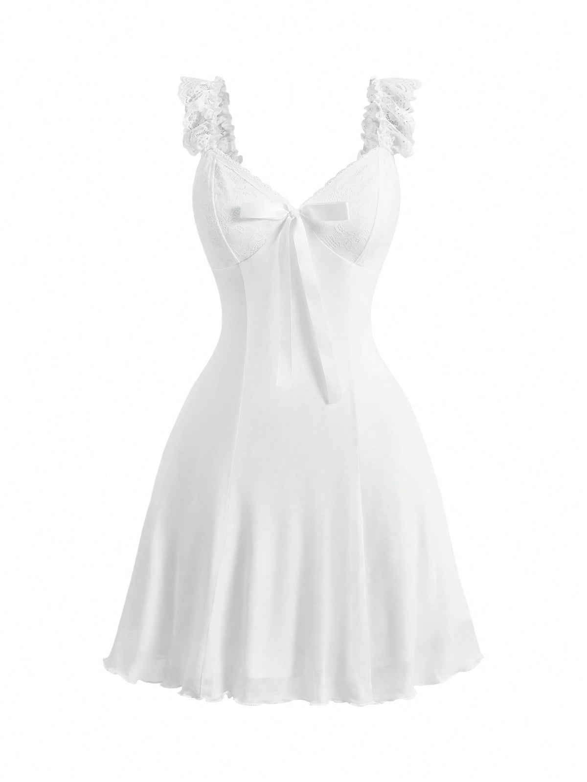 Gothic style lace patchwork sleeveless mini dress for women featuring a sweetheart neckline, high waist flared hem, contrast lace, bow, and knot details.