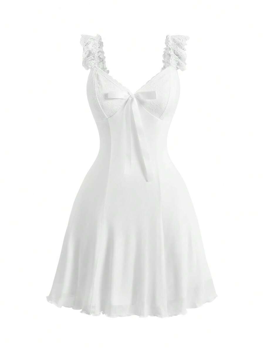 Gothic style lace patchwork sleeveless mini dress for women featuring a sweetheart neckline, high waist flared hem, contrast lace, bow, and knot details.