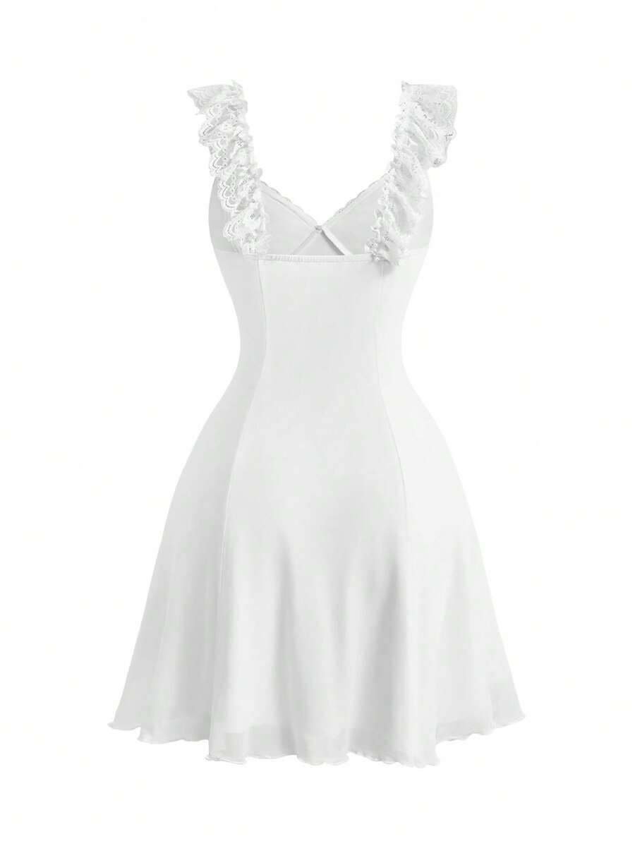 Gothic style lace patchwork sleeveless mini dress for women featuring a sweetheart neckline, high waist flared hem, contrast lace, bow, and knot details.