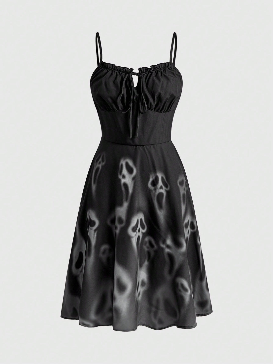 Women's black gothic mini dress with skull print, spaghetti straps, high waist, flared hem, and frill detail.
